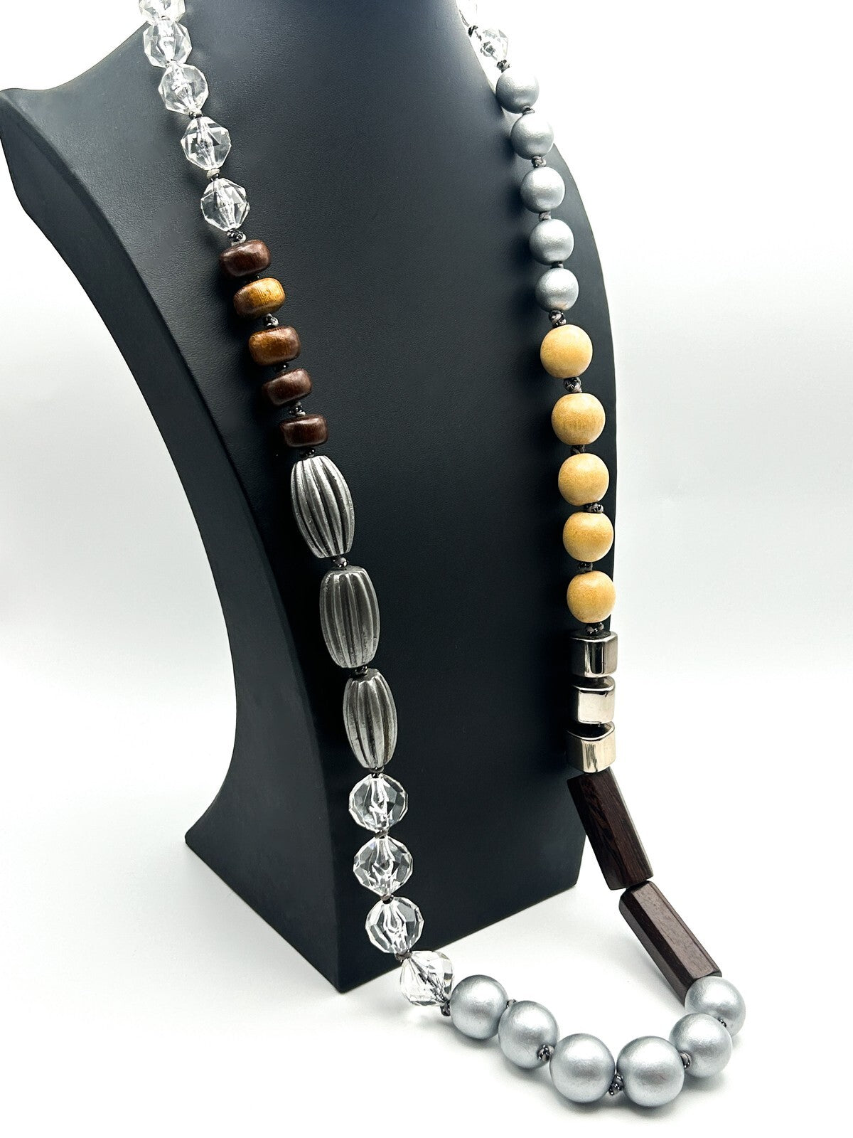 Mixed Material Statement Necklace Wood Silver Black Beads Chunky Modern 18”