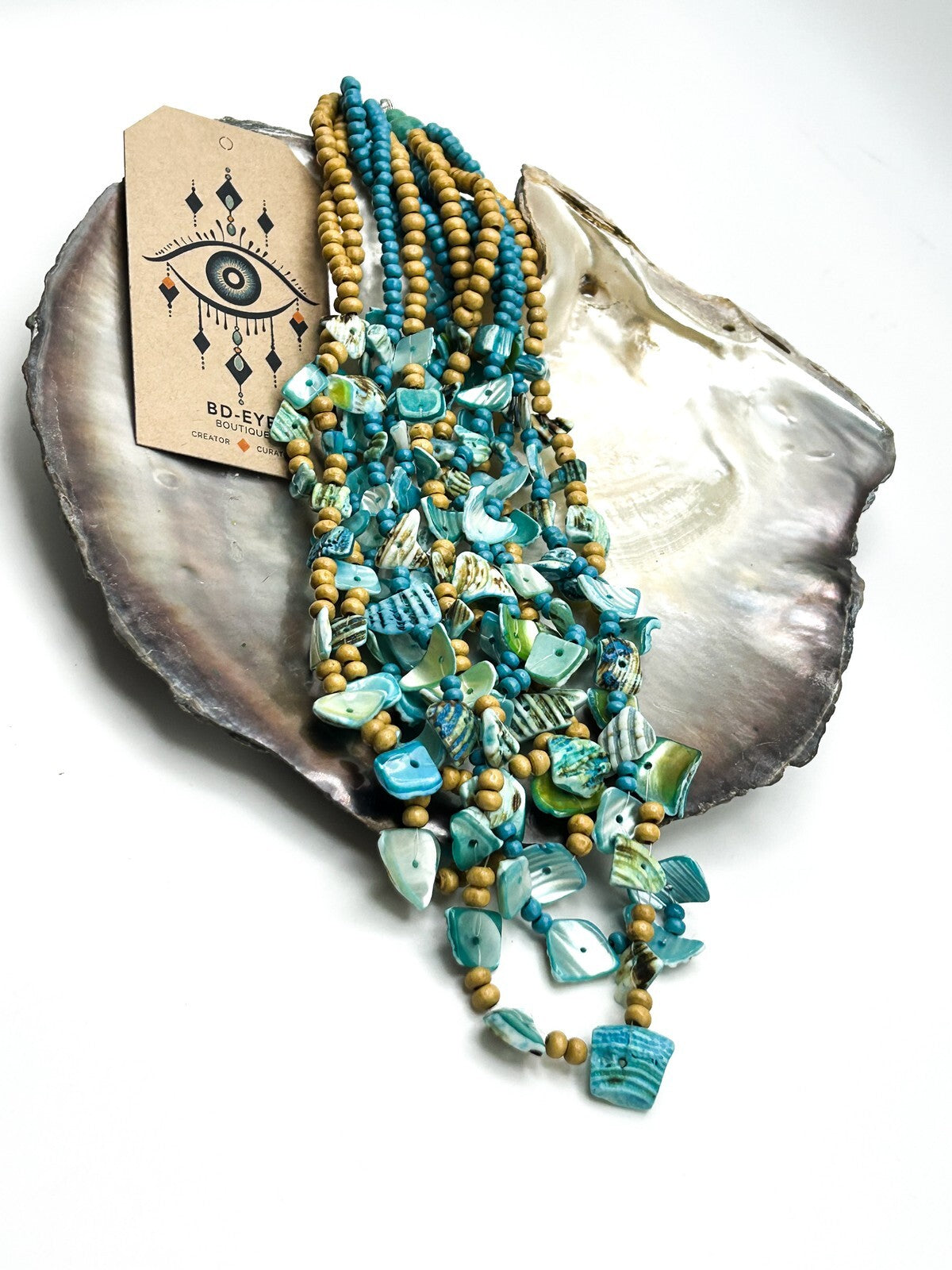 Layered Blue Shell and Wood Multi-Strand Necklace - Boho Sea Beach Surf