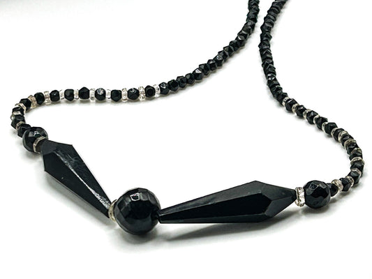 Vintage Faceted Black Mineral Composite Jet Style Necklace – 22in / 42g