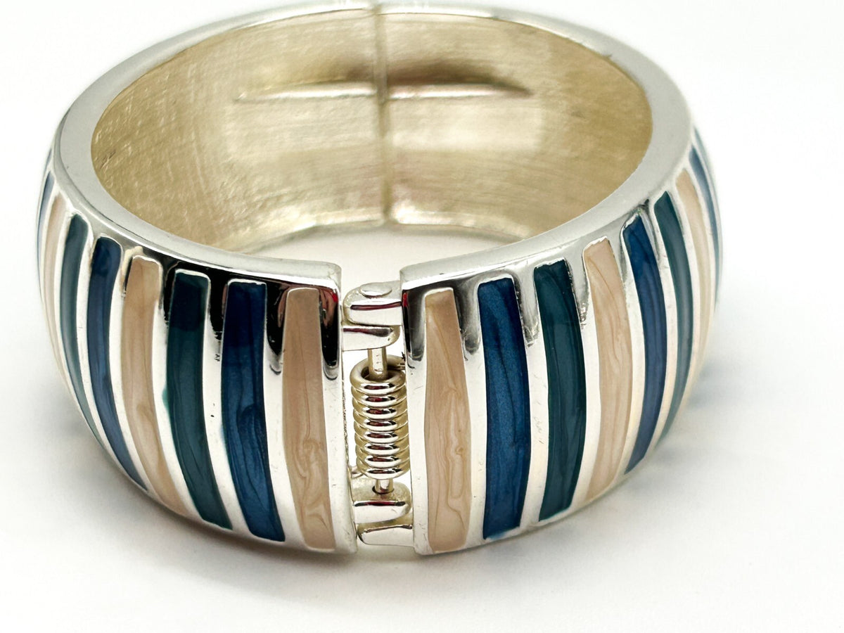 Vintage Y2K Blue Cream Enamel Clamper Chunky Bangle Silver Tone Bracelet Retro