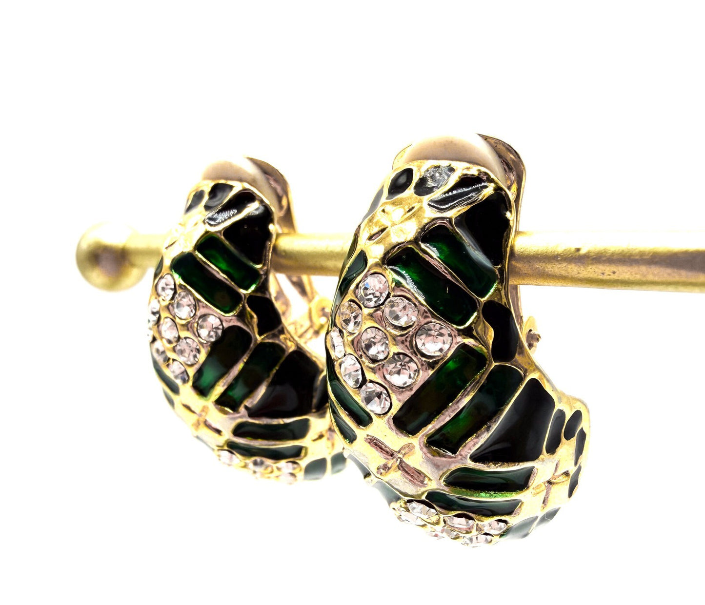 Vintage Gold Tone Green & Black Enamel Rhinestone Half Hoop Clip-On Earrings