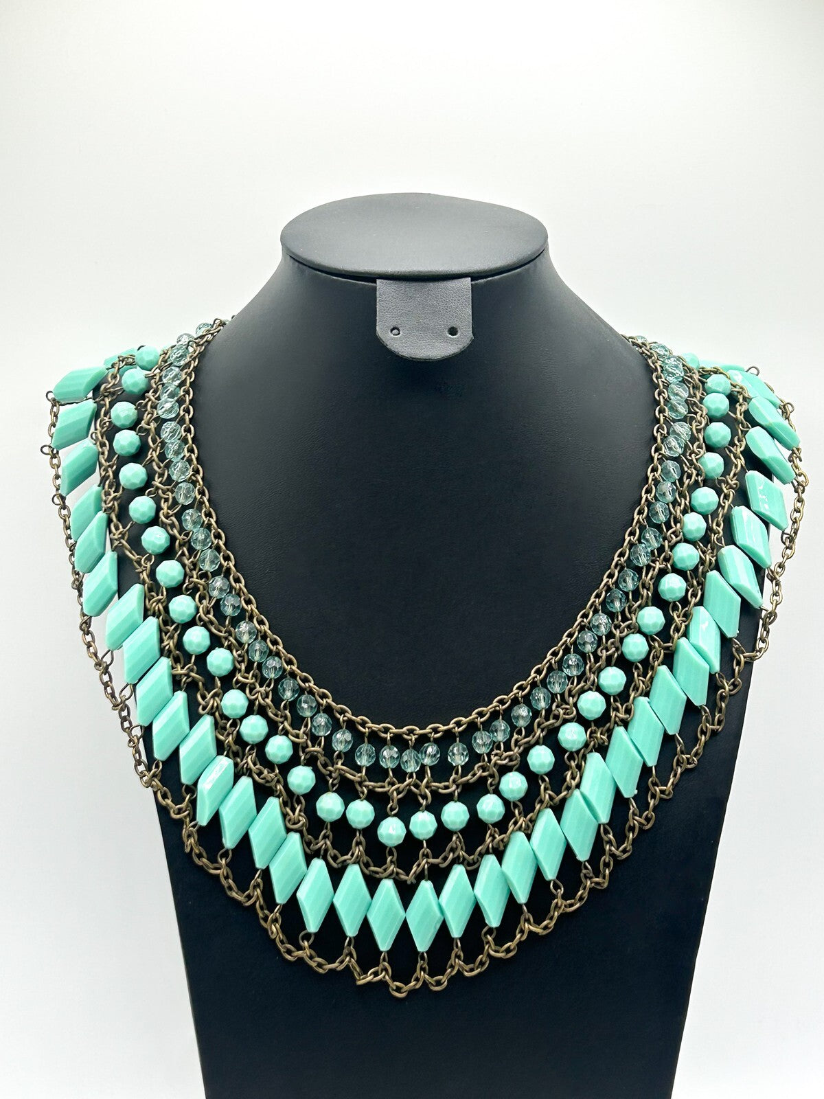 Spearmint 3 Layer Chain-Linked Art Deco inspired Statement Bib Necklace - Blue