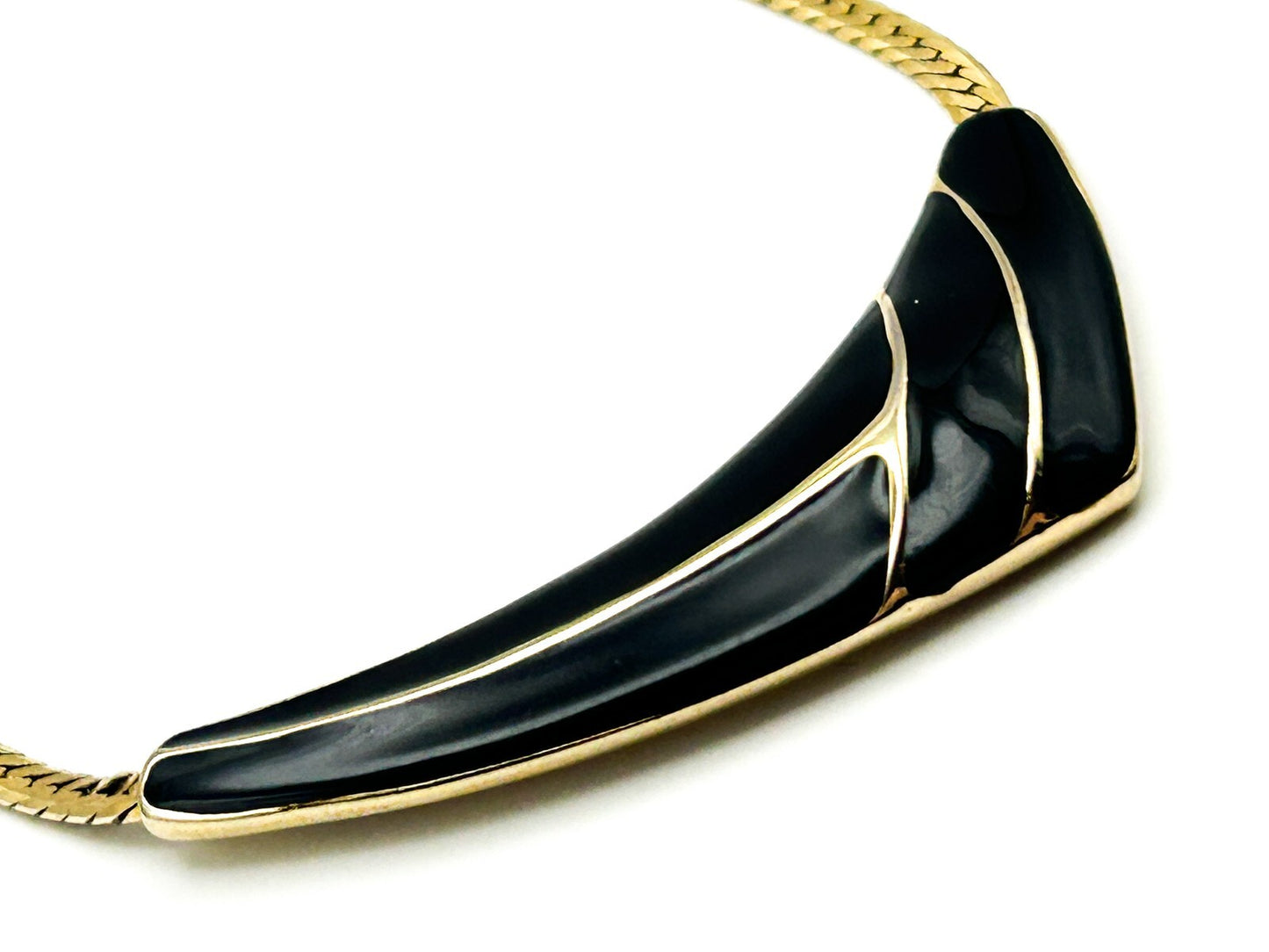 Vintage 80s Gold Tone Herringbone Necklace Black Enamel Curve Statement 17”
