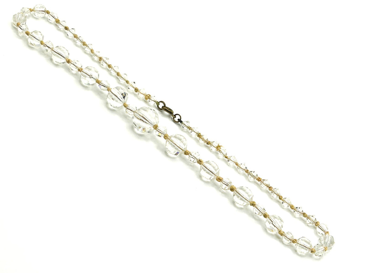 Graduated Clear Crystal Glass Bead Necklace with Faceted Round & Bicone Beads