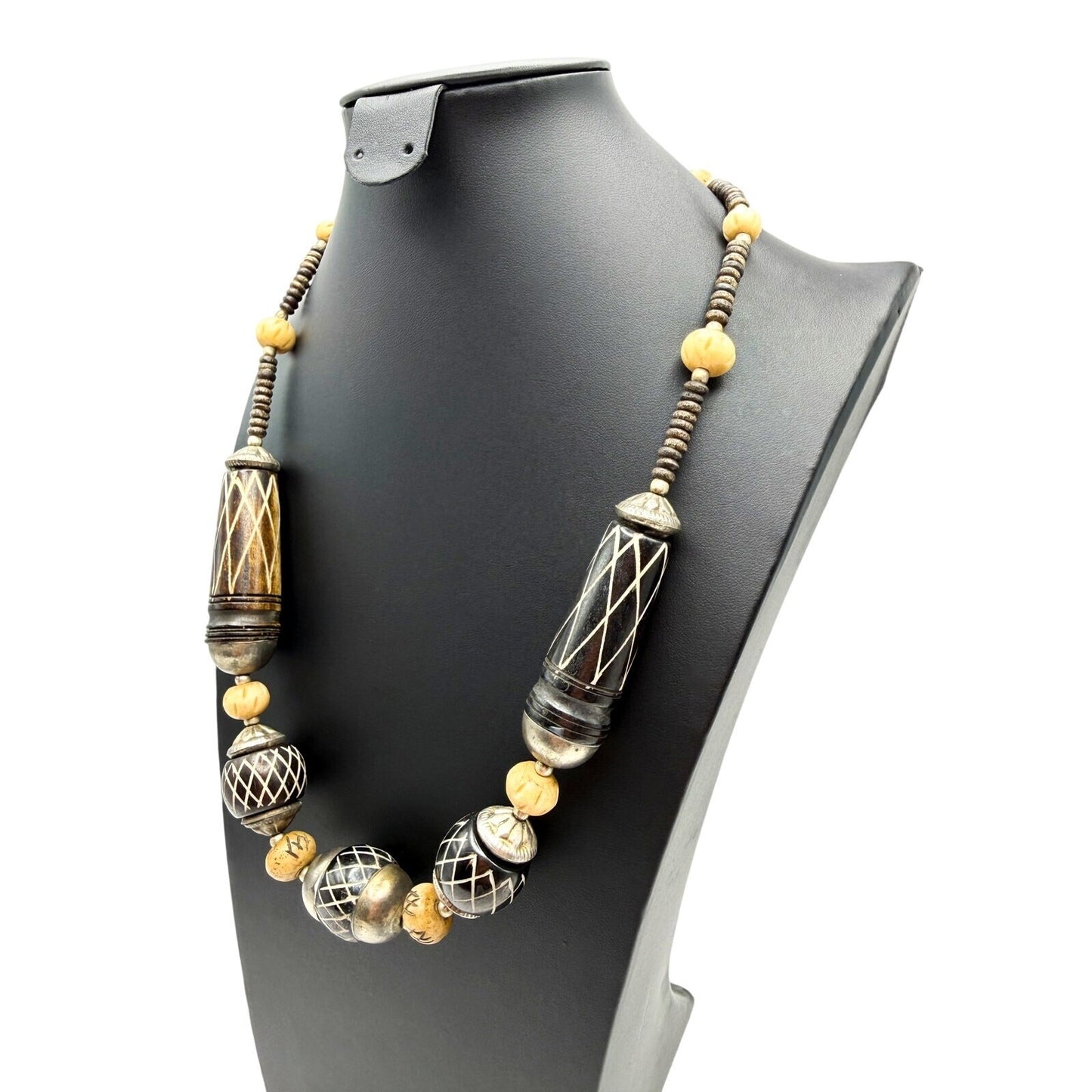 Vintage Carved Necklace Boho Organic Material Tribal Silver Bead Caps