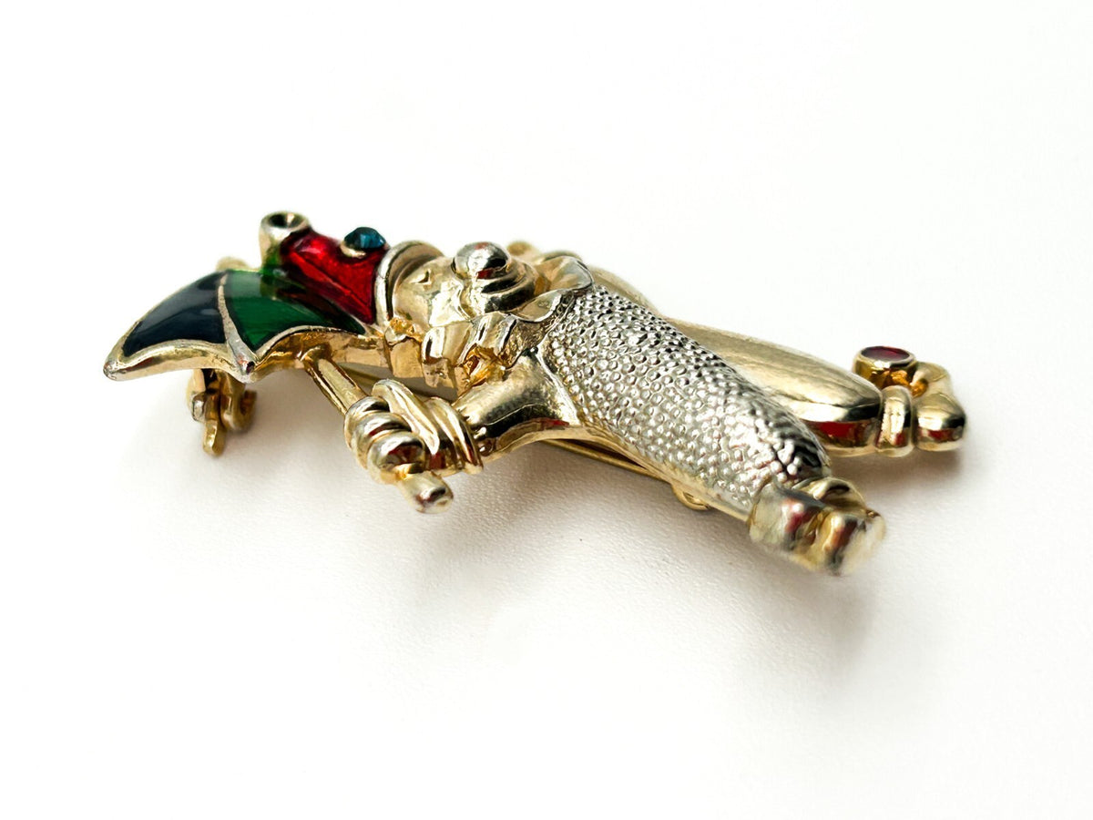 Vintage Enamel Clown Brooch with Umbrella