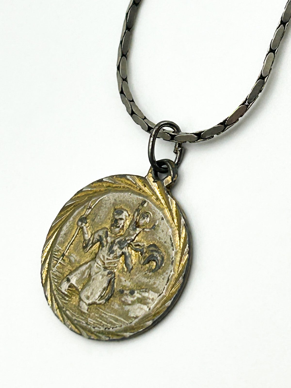 Vintage Saint Christopher Pendant Necklace on Silver Tone Chain