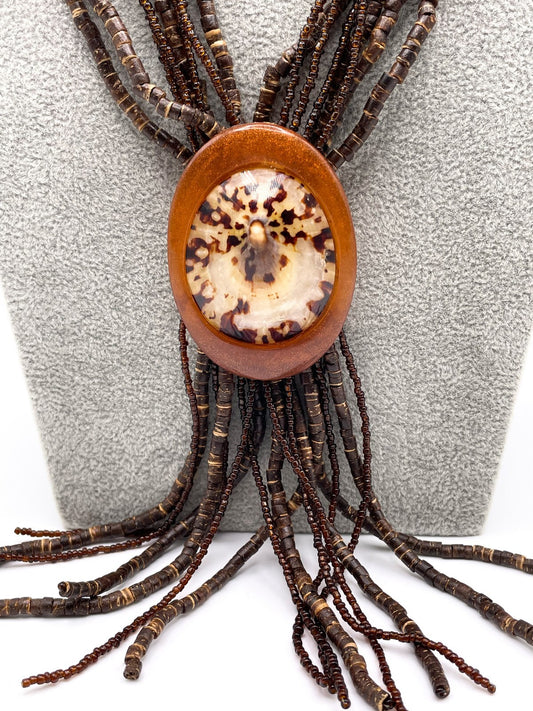Brown Seed Bead Statement Necklace with Shell Resin Pendant Tassel
