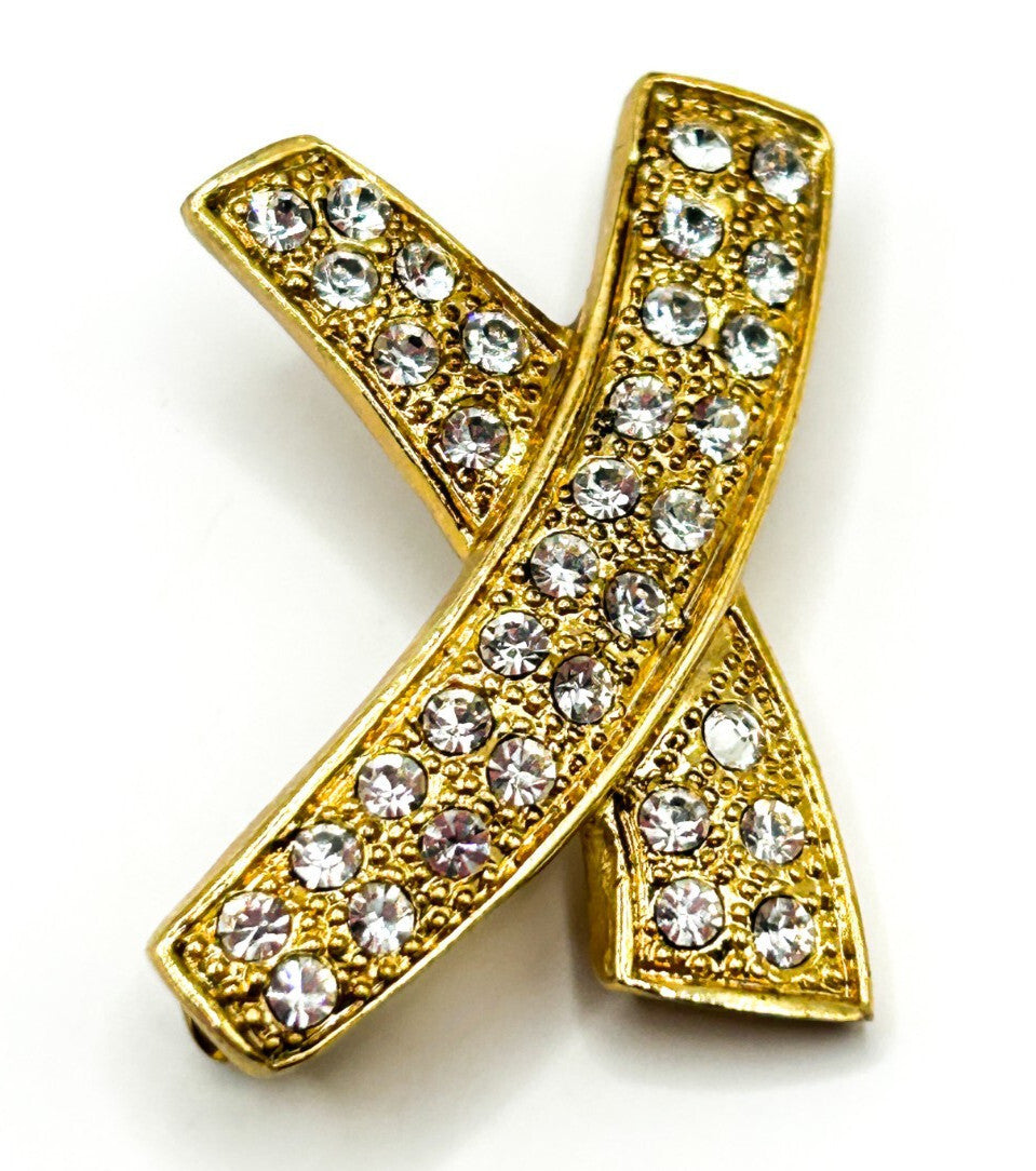 Vintage Gold Tone Rhinestone X Brooch Pavé Crossed Ribbon Statement Pin Retro