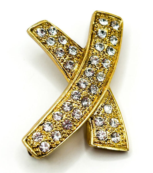 Vintage Gold Tone Rhinestone X Brooch Pavé Crossed Ribbon Statement Pin Retro