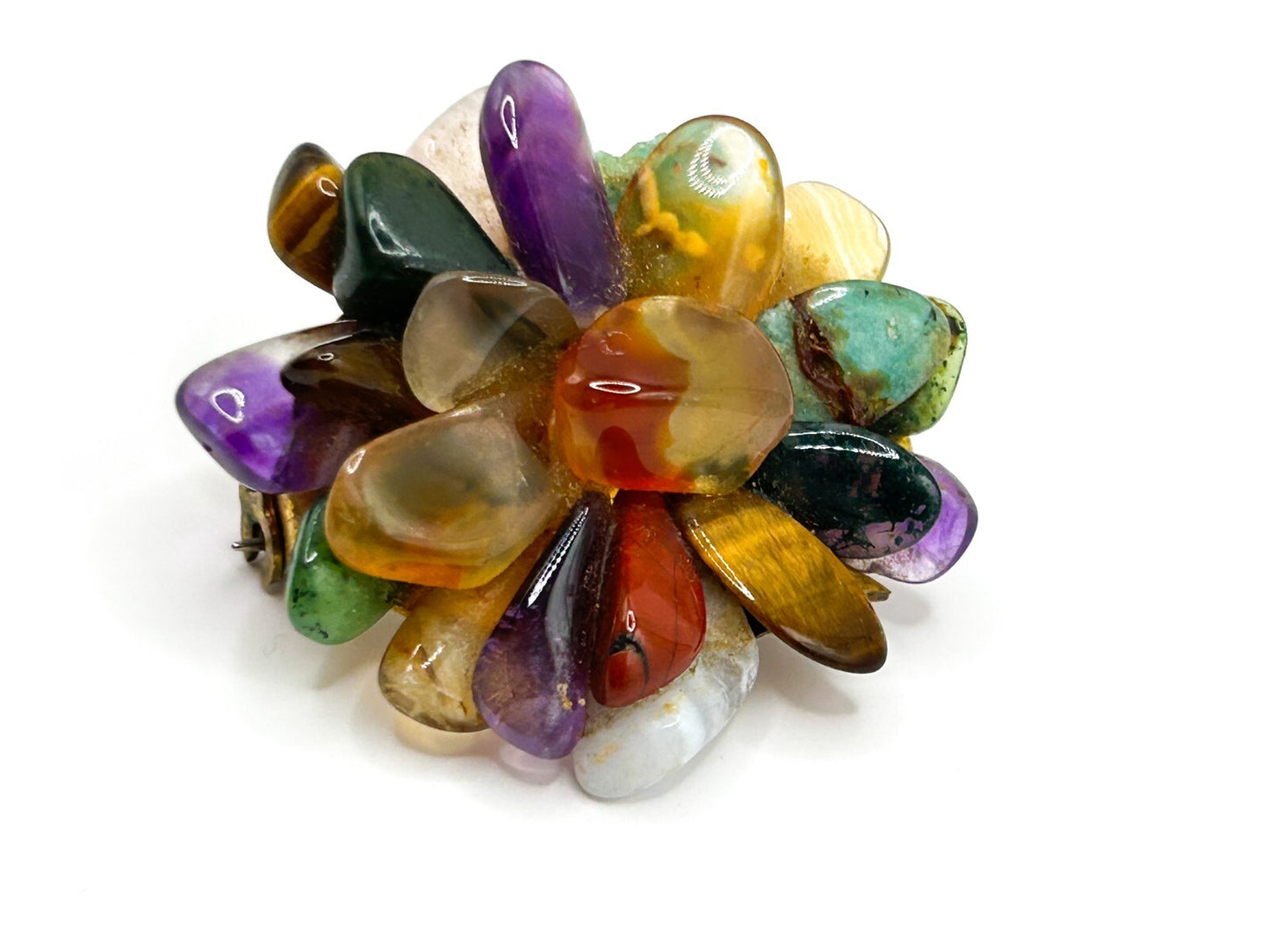 Vintage Semi Precious Gemstone Cluster Brooch Amethyst Carnelian Tigers Eye