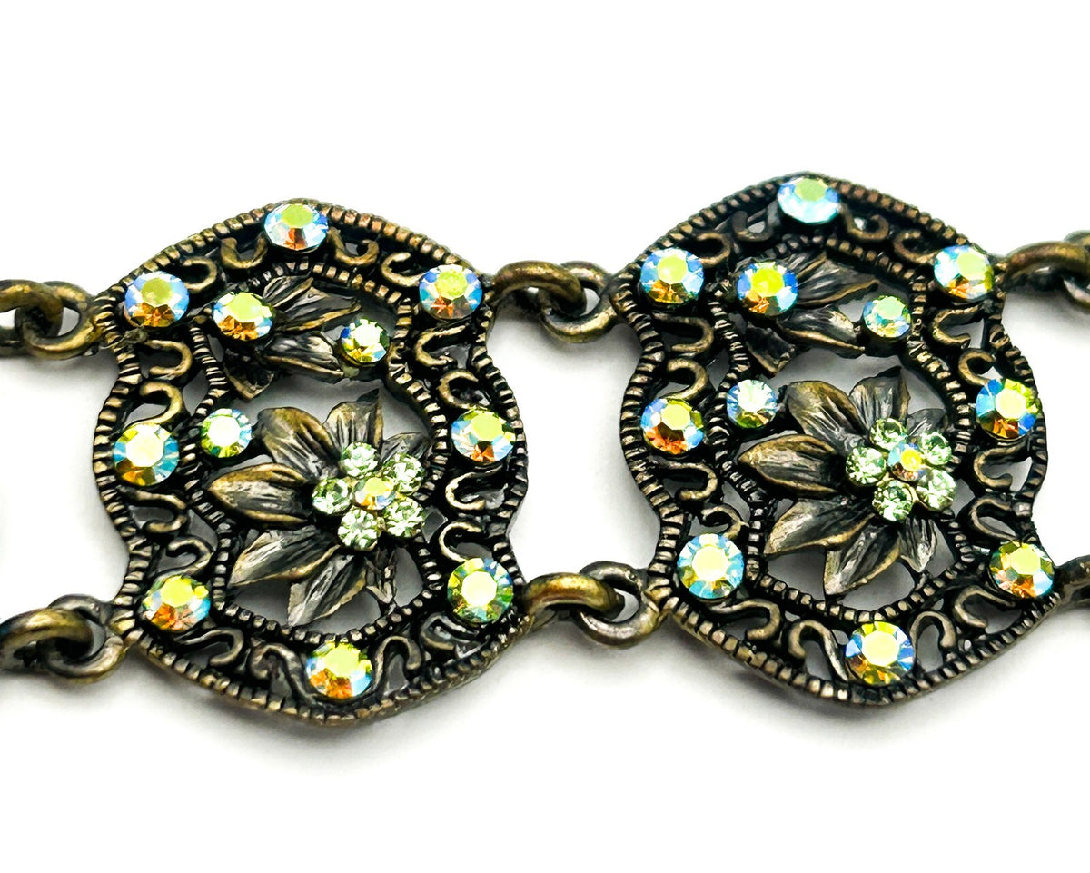 Vintage Filigree Panel Bracelet AB Rhinestone Floral Articulated 17cm