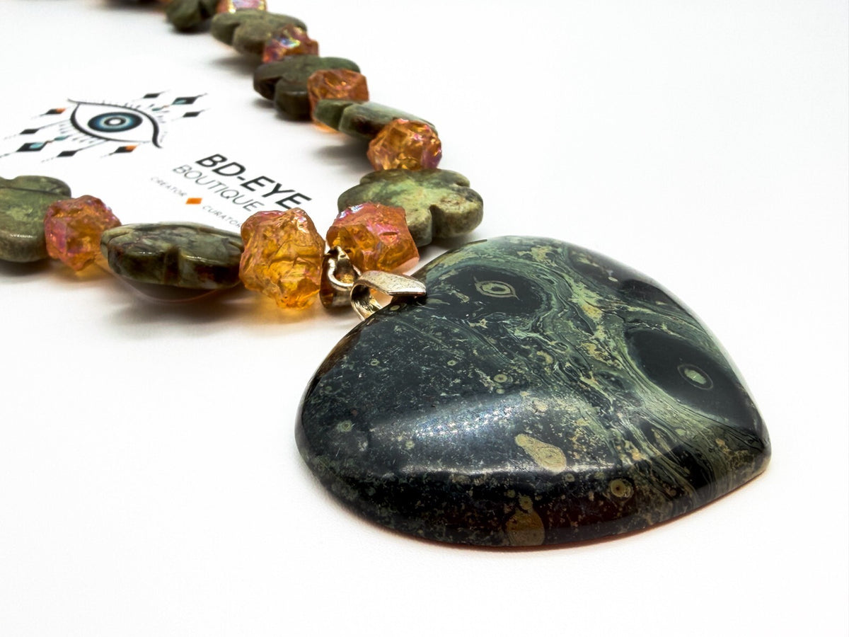 Serpentine Heart Necklace Jasper Bead Statement Chunky Green Pendant 17”
