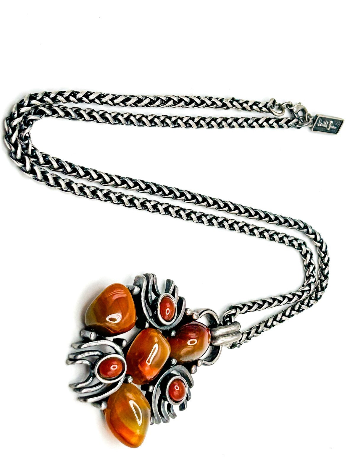 Vintage David Grau Signed Pendant Necklace - Carnelian Gemstones Silver Tone