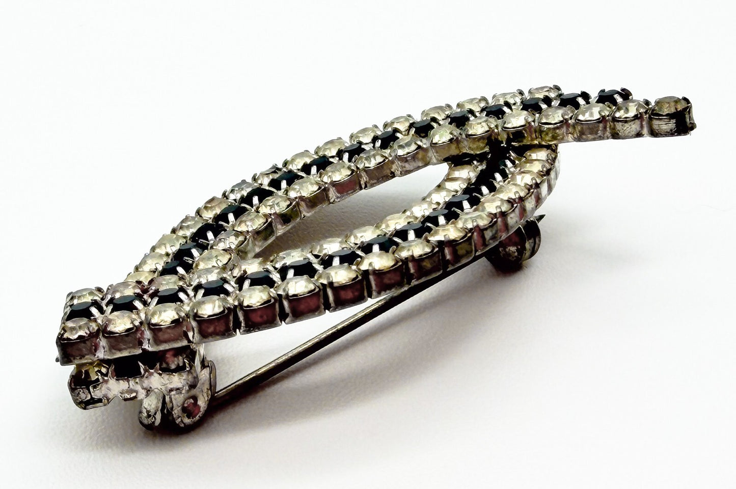 Art Deco Style Rhinestone Brooch Blue Clear Crystal Leaf Marquise SilverTone Pin