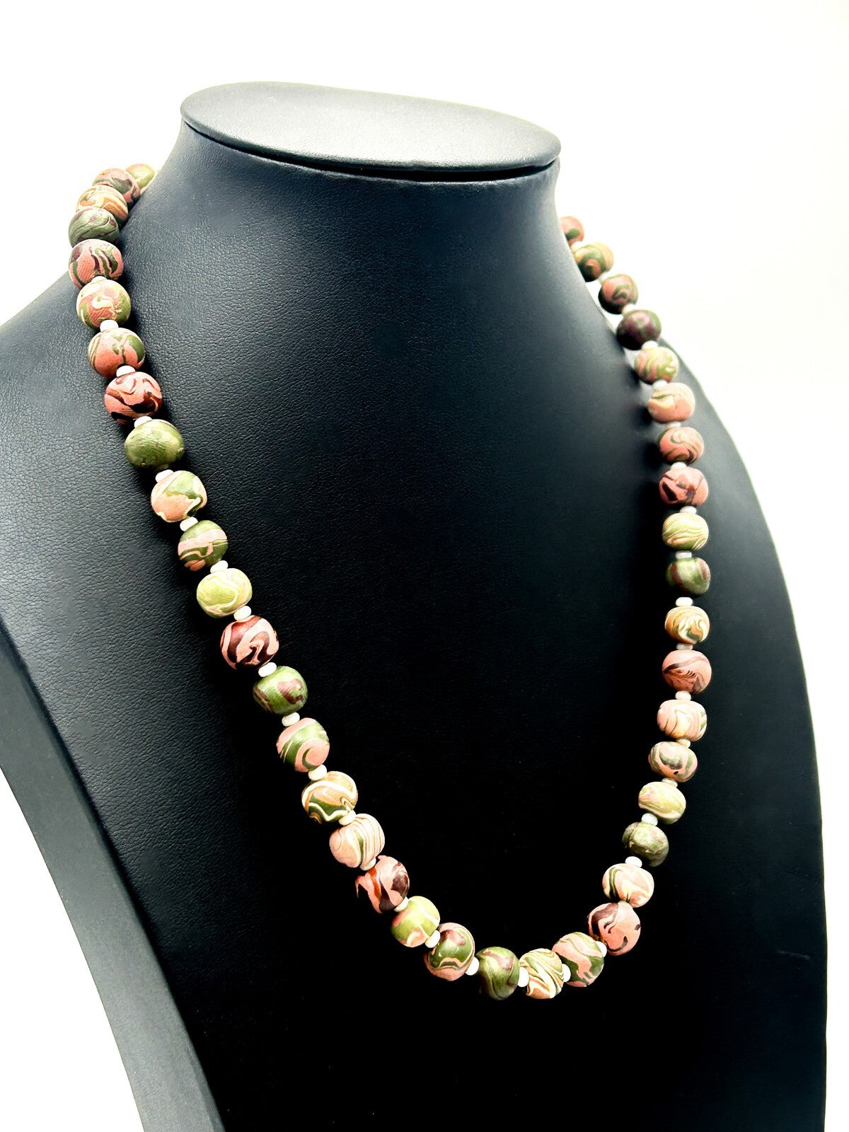 Polymer Clay Bead Necklace Swirl Green Pink Brown Artisan Style 20”