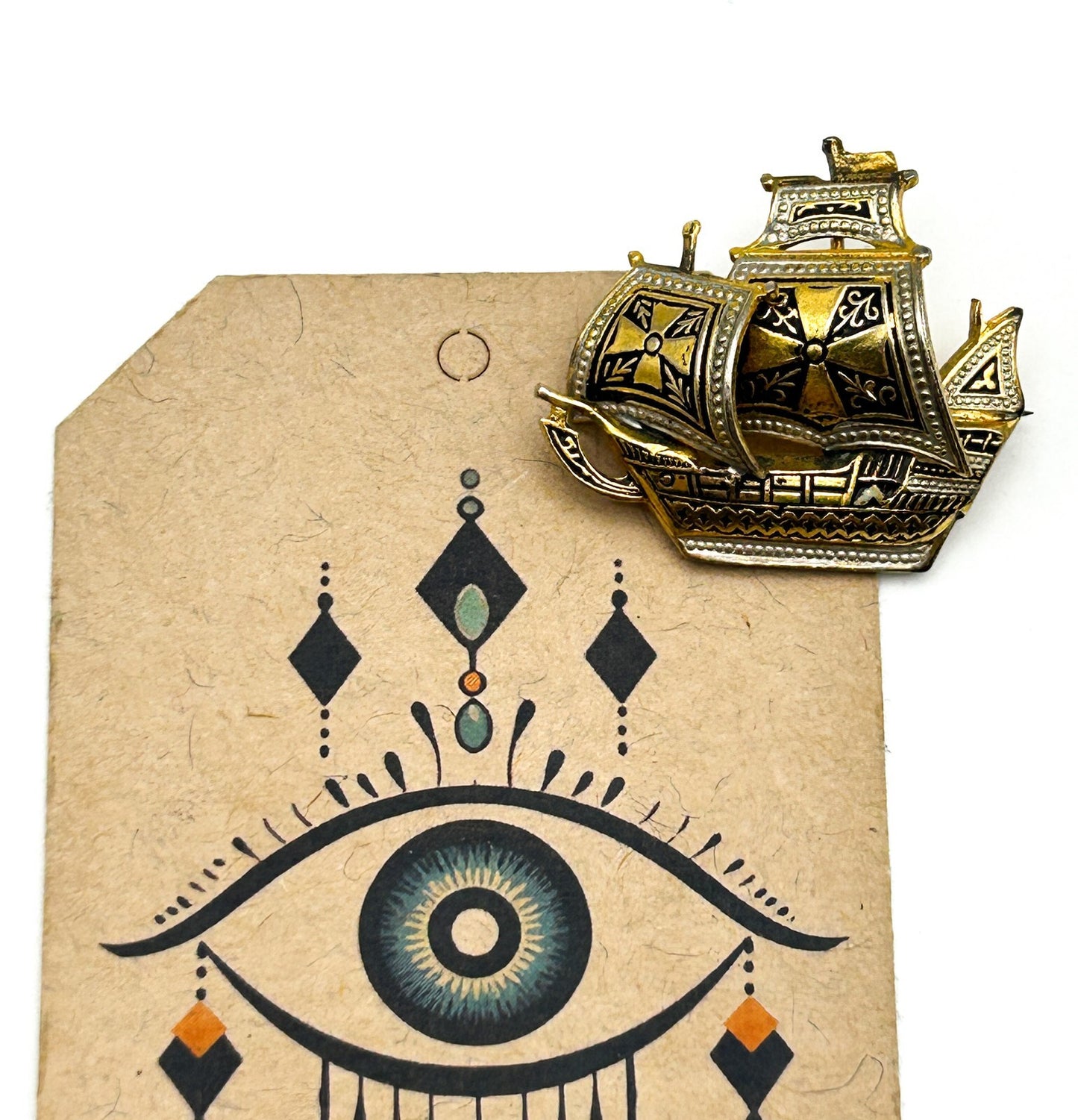 Damascene Ship Brooch Vintage Gold Tone Spanish Toledo Style Sailing Boat Pin