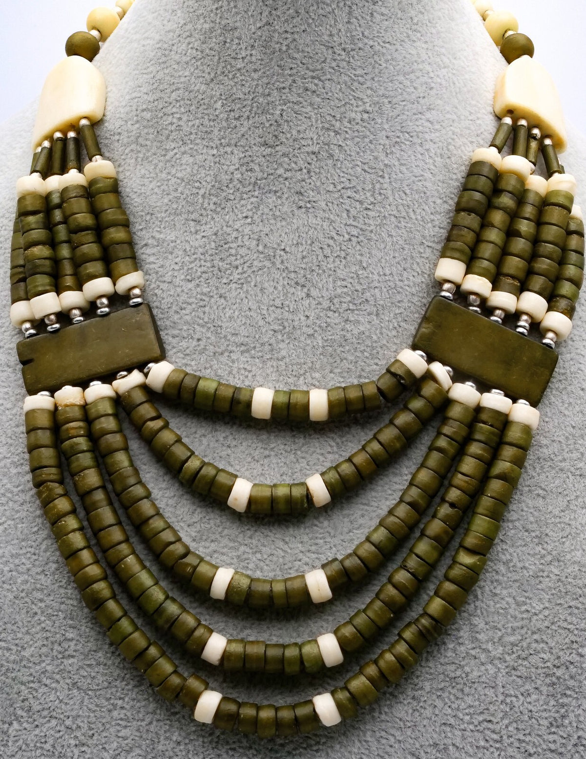 Vintage Boho Layered Bead Necklace - Green Cream Khaki Statement