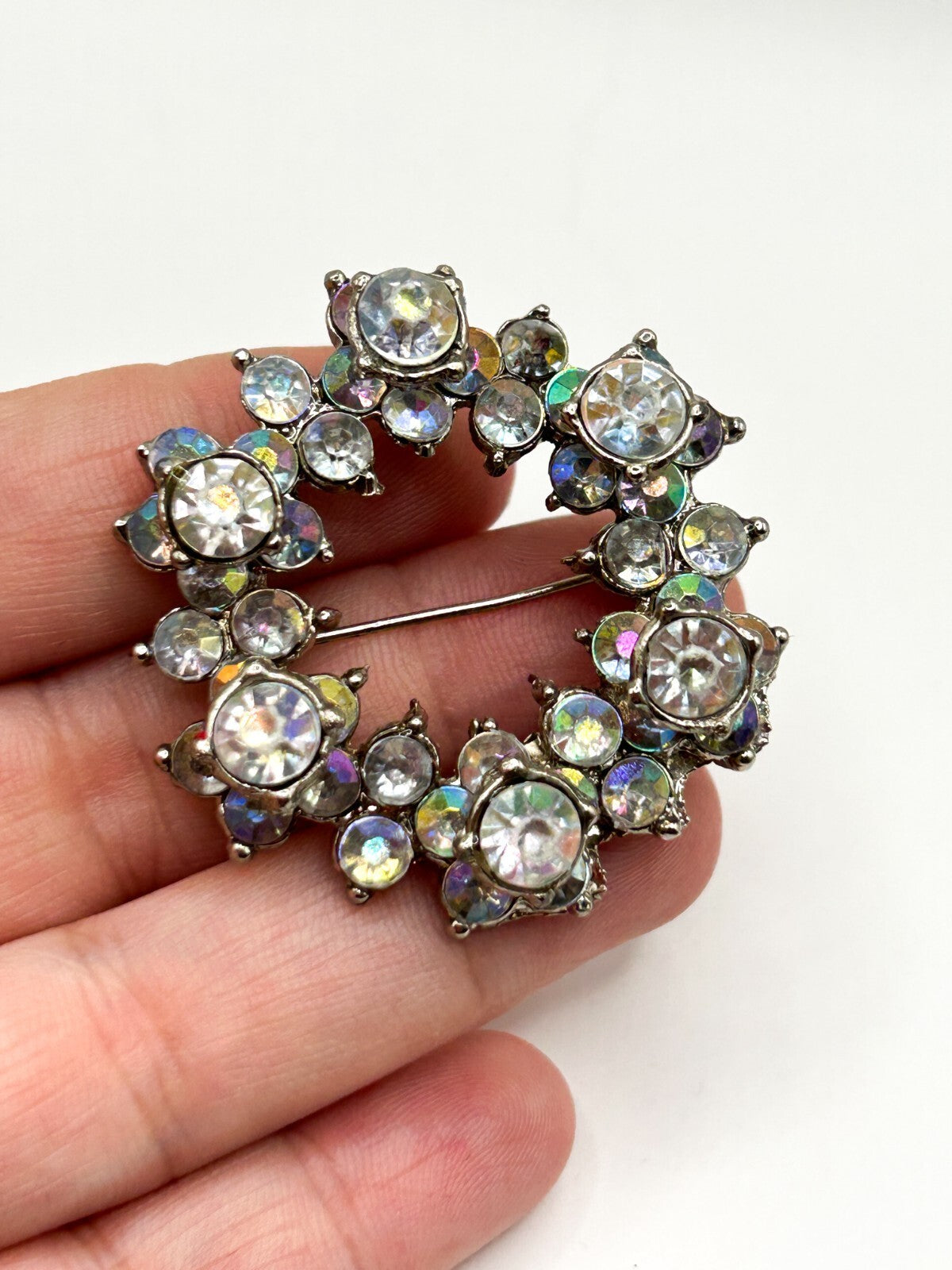 Vintage Aurora Borealis Rhinestone Wreath Brooch AB Crystal Silver Tone 1960s