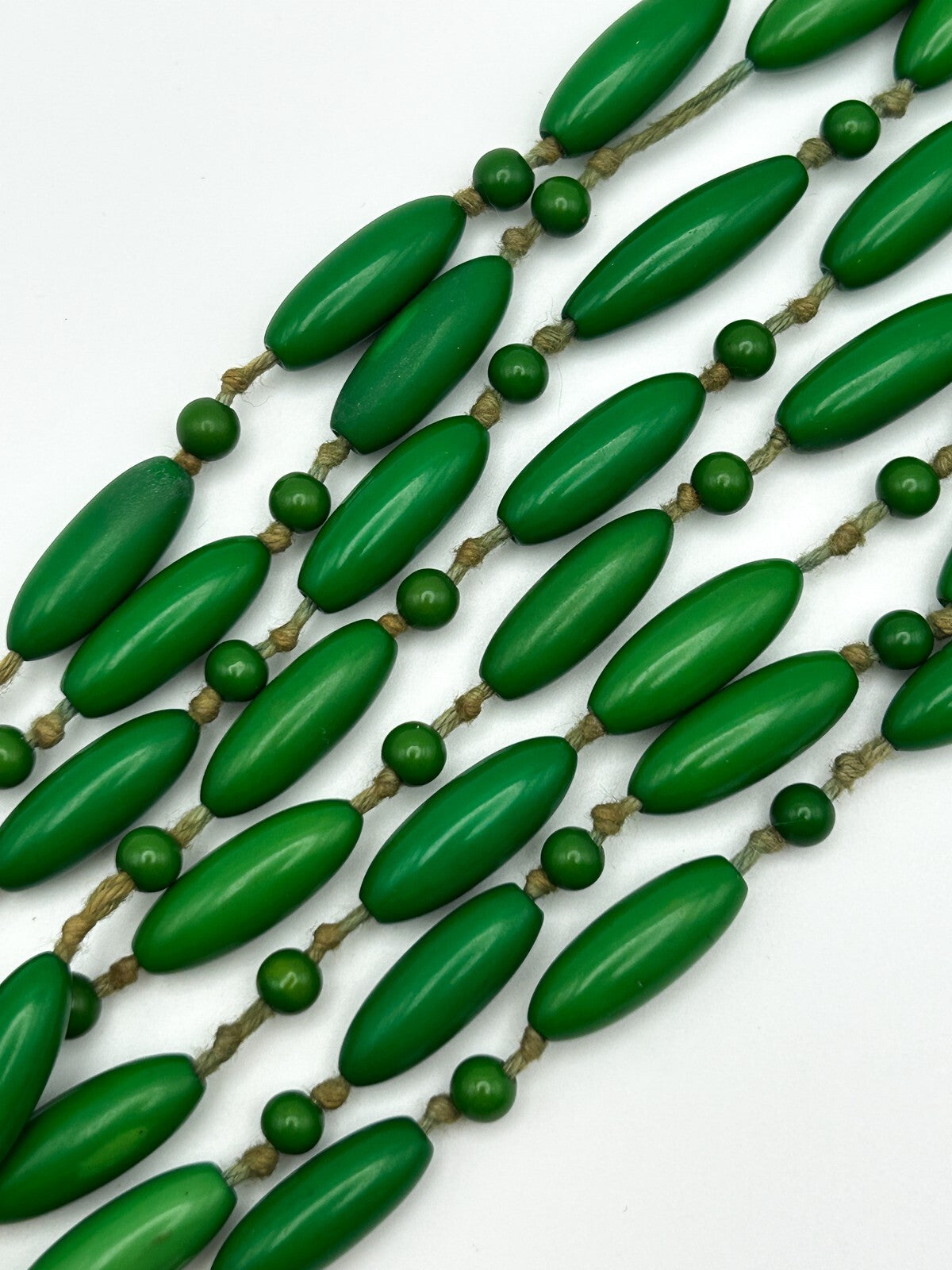 Pair of Vintage Early Plastic Green Hand-knotted Beaded Necklaces