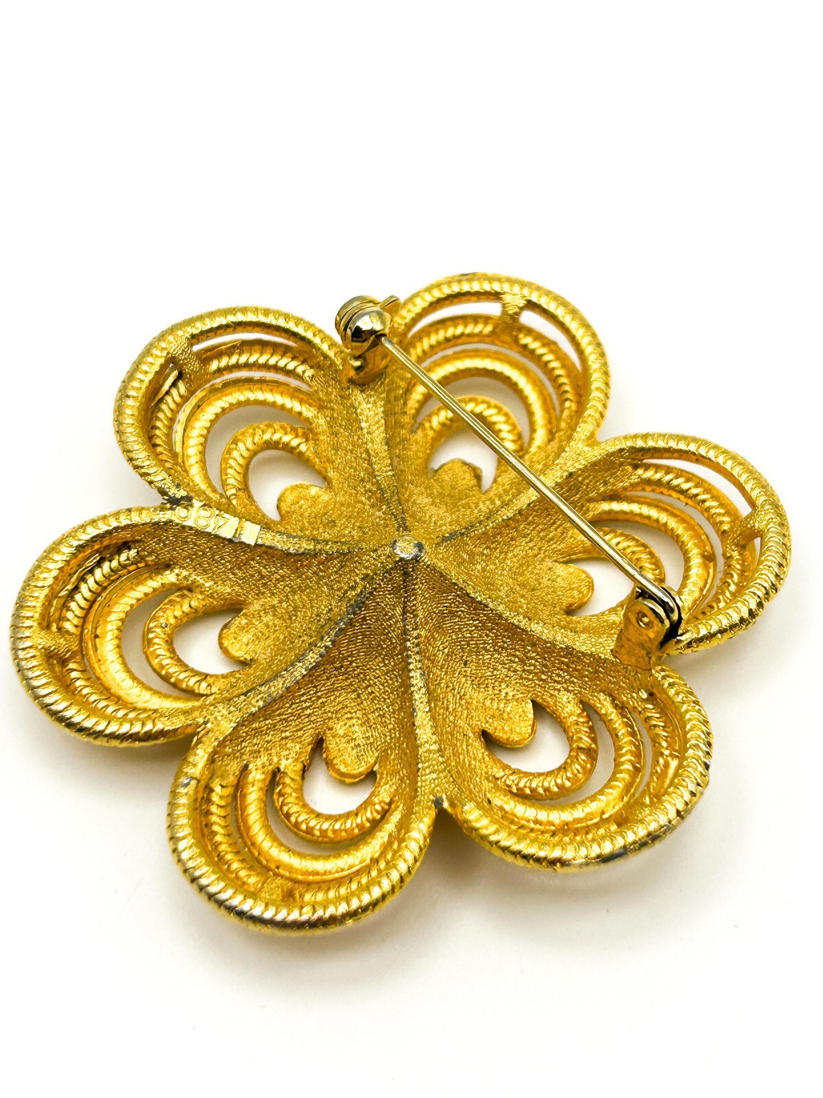 Vintage Gold Tone Flower Brooch Large Openwork Floral Pin Statement