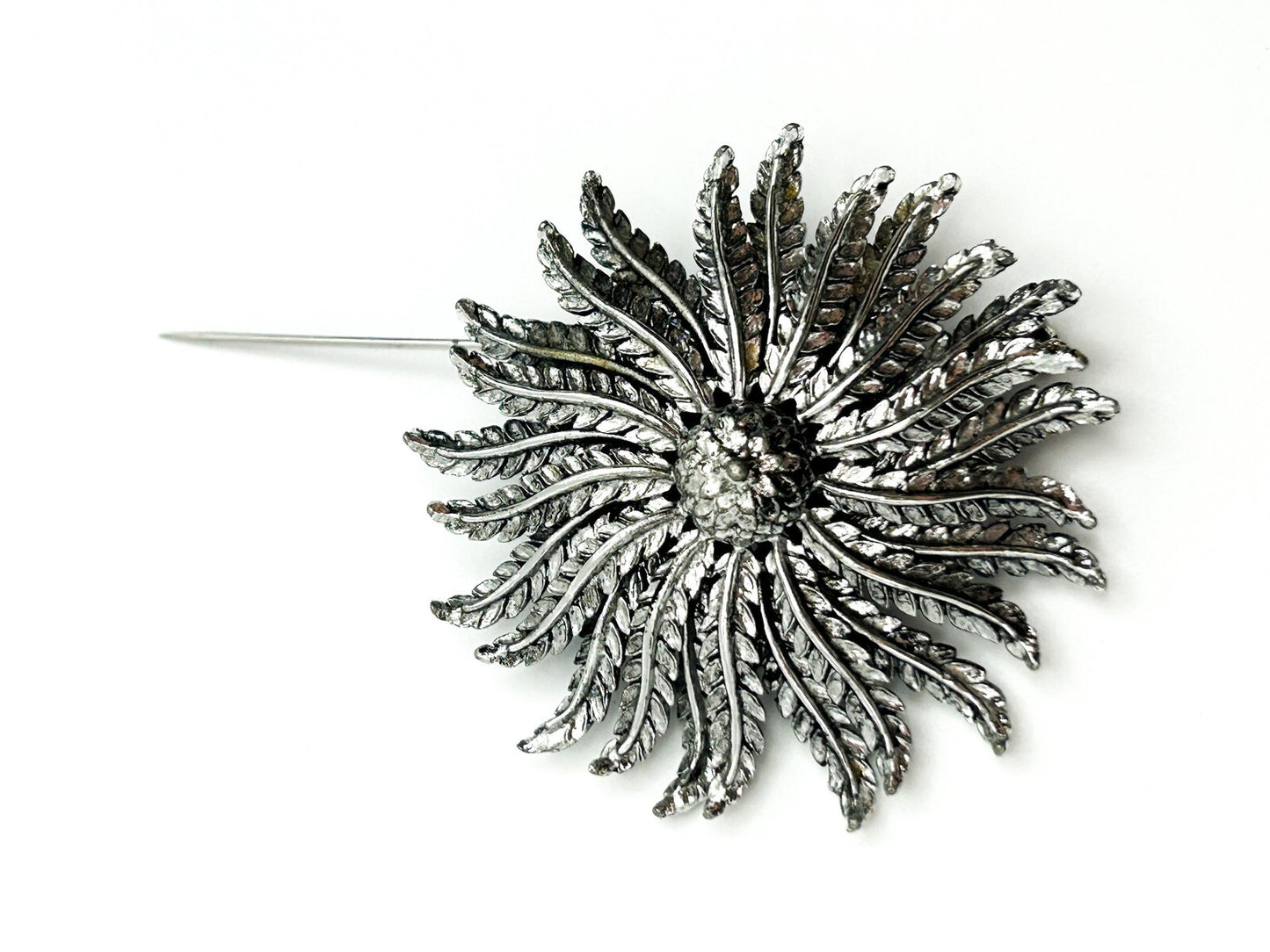 Silver-Tone Sculptural Floral Textured Flower Brooch Statement