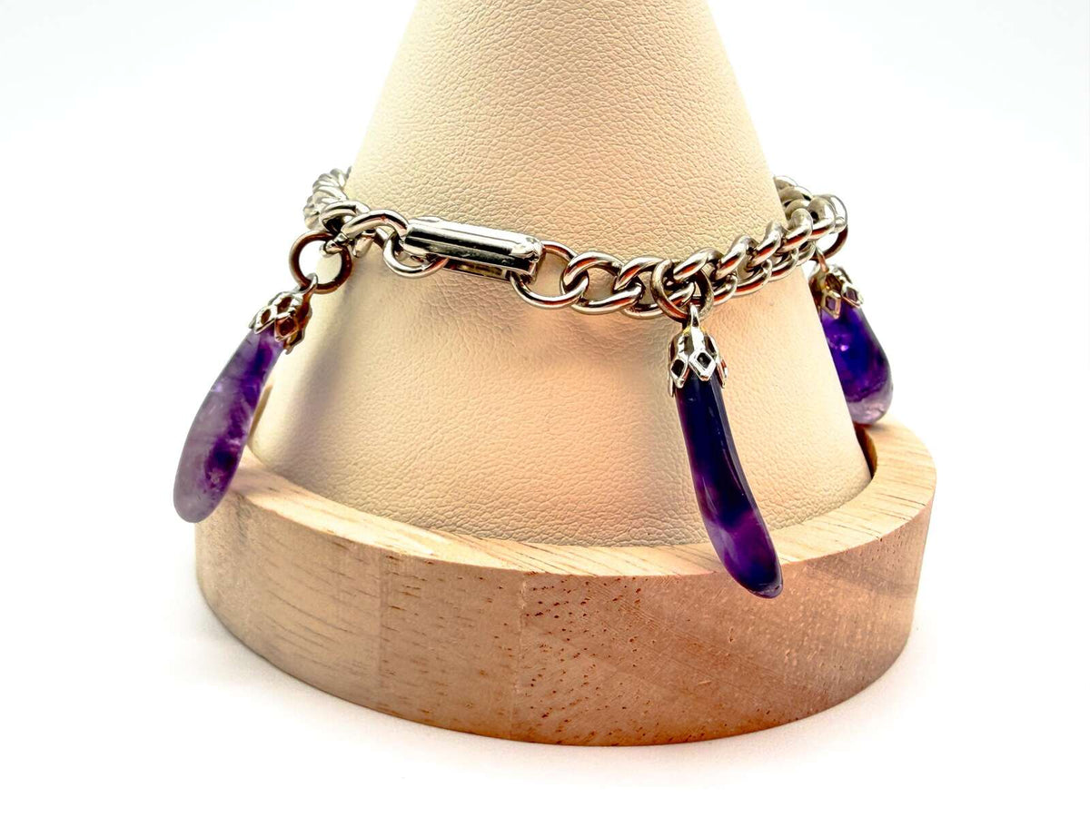 Vintage Amethyst Drop Bracelet Gemstone Charm Bracelet Purple Stone Silver Tone