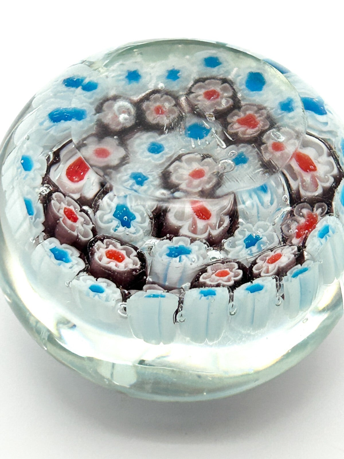 Vintage Millefiori Art Glass Paperweight Red White Blue Flower Floral Canes
