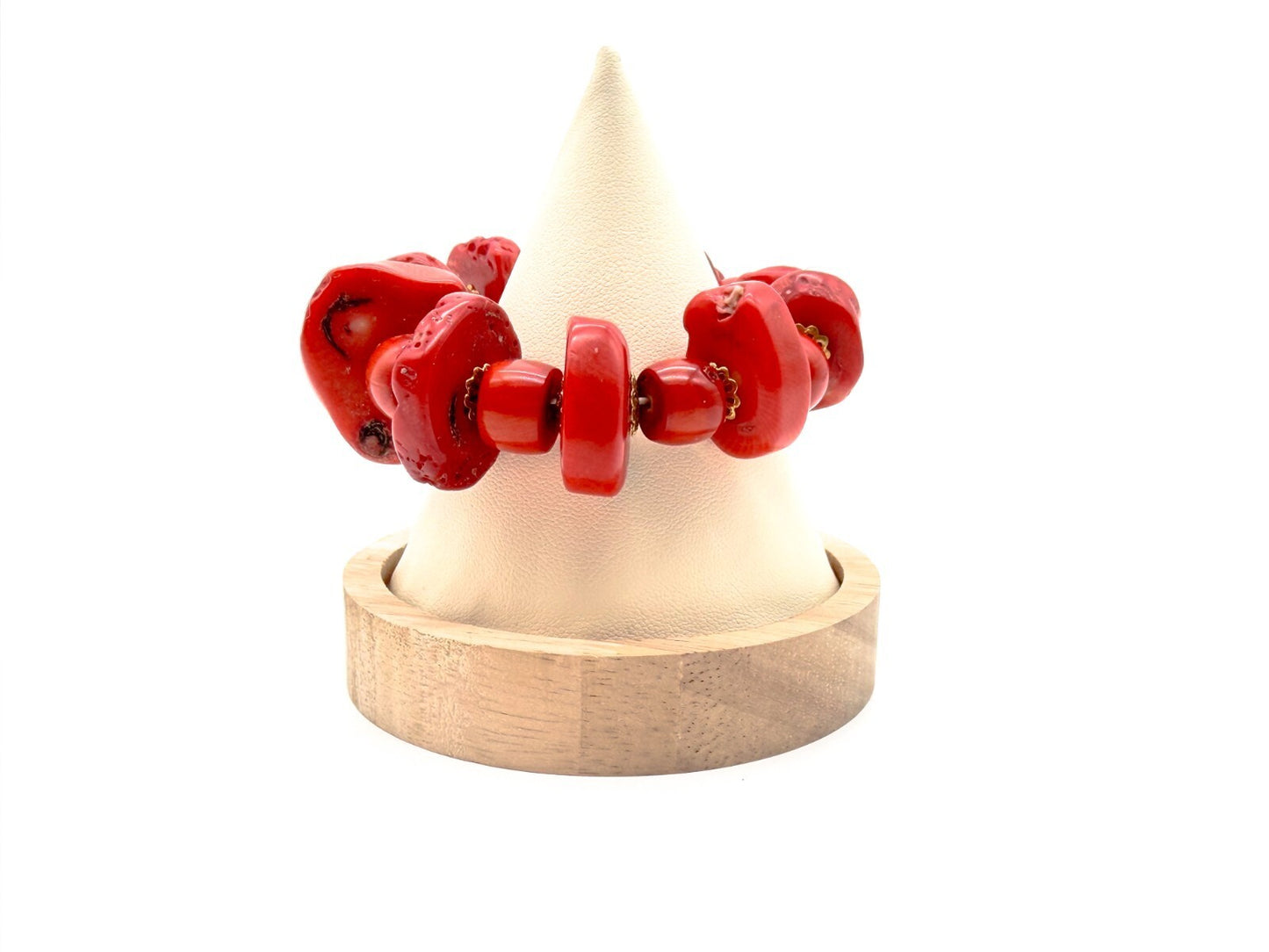 Chunky Red Coral Bracelet Elastic Stretch Statement Bracelet Gold Tone 103g