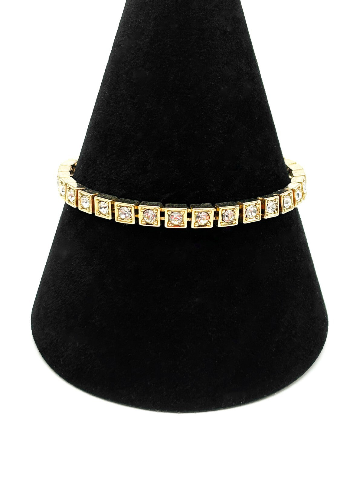 Gold Tone Tennis Bracelet Square Rhinestone Crystal Articulated Link 7.5”