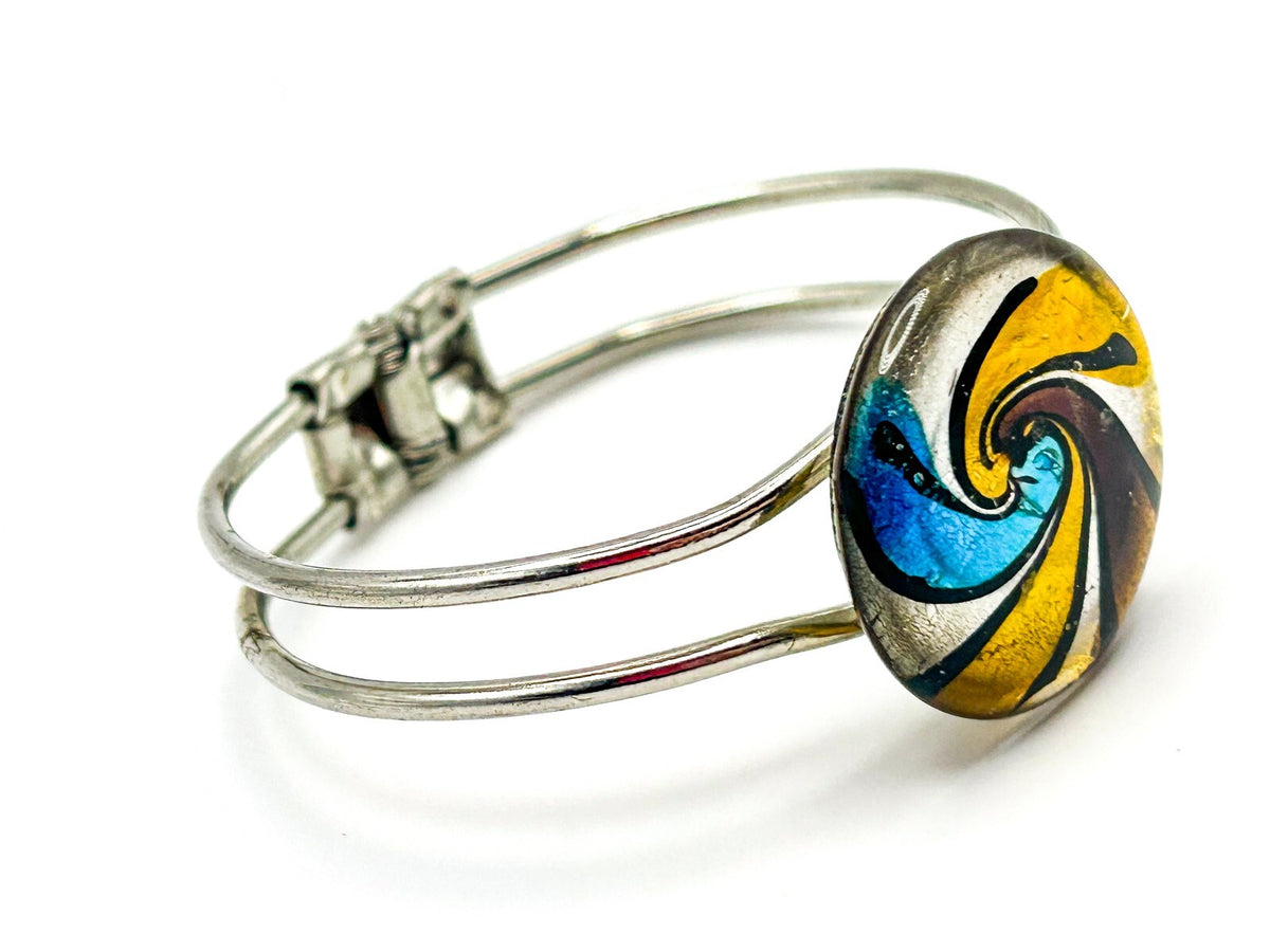 Art Glass Bangle - Yellow, Blue, Purple, Silver Metallic Swirl Clamper Bangle