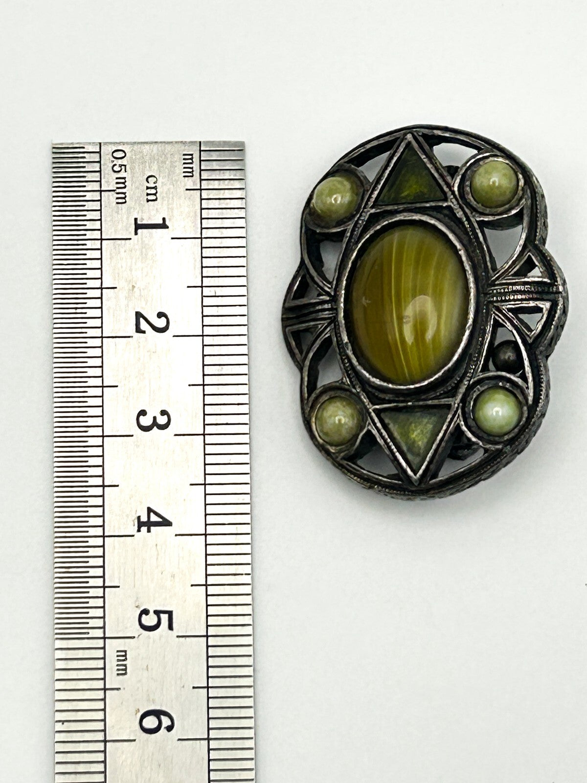 Celtic Style Green Brooch Silver Tone Cabochon Vintage Pin