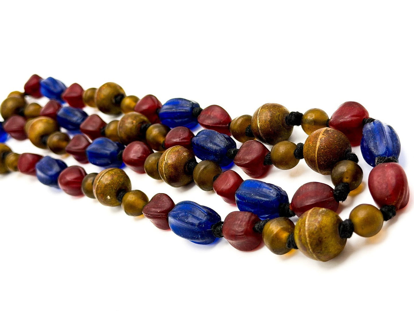 Vintage Blue, Red & Amber Frosted Glass African Trade Bead Necklace, Boho
