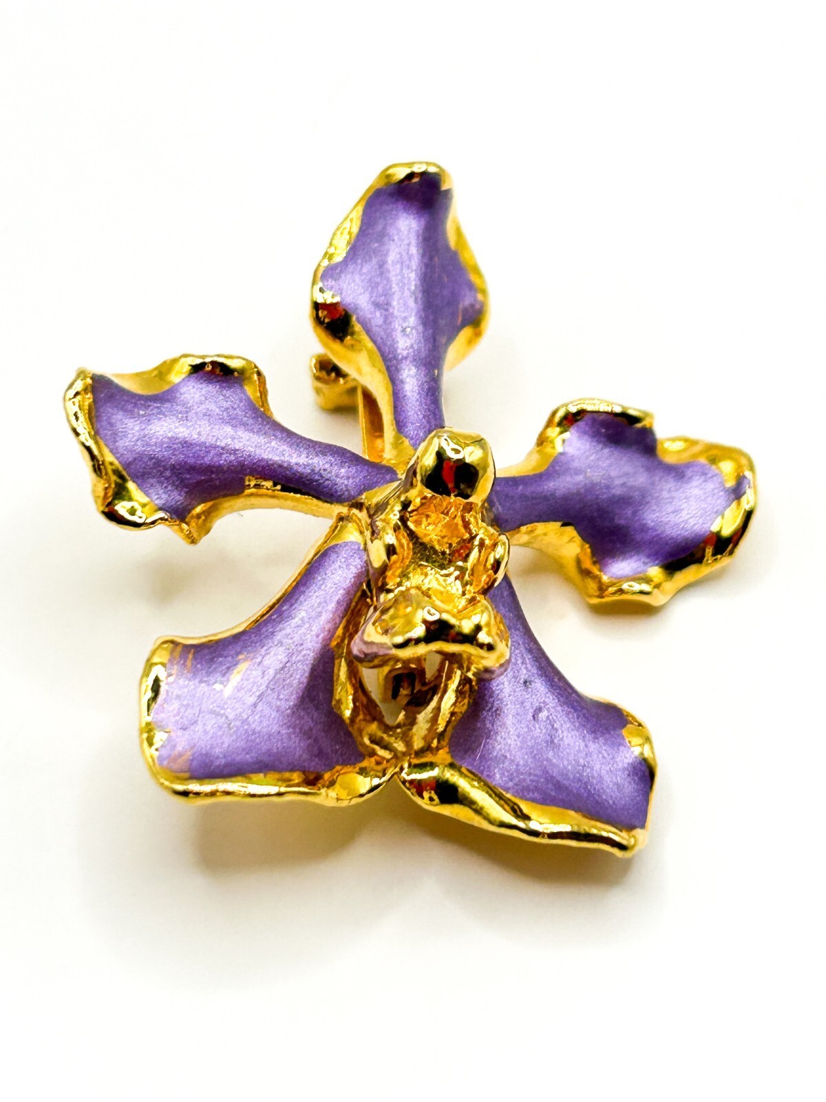 Vintage Purple Enamel Orchid Brooch 22K Gold Plated Floral Flower Jewellery