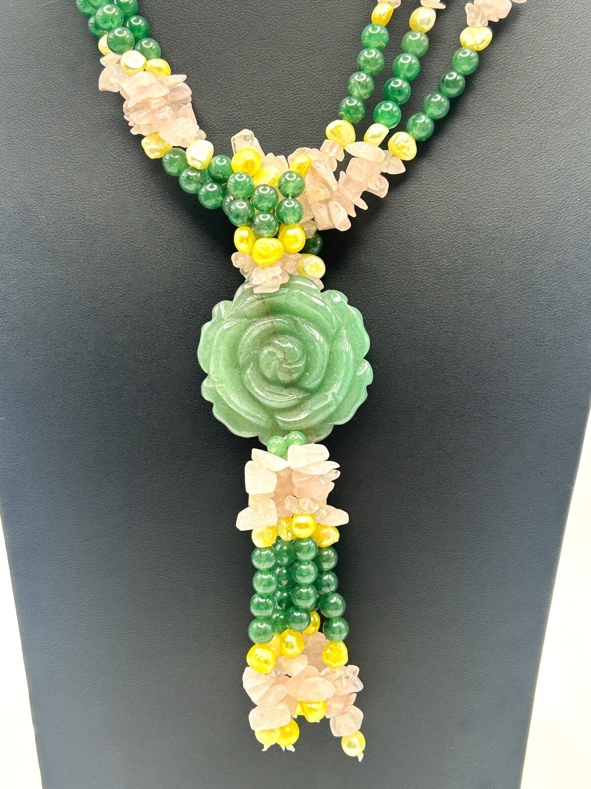 Jade, Rose Quartz, Pearl Triple Strand Statement Necklace Carved Rose Pendant