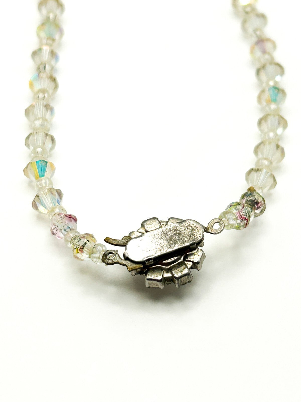 Aurora Borealis Crystal Bicone Necklace with Rhinestone Flower Clasp
