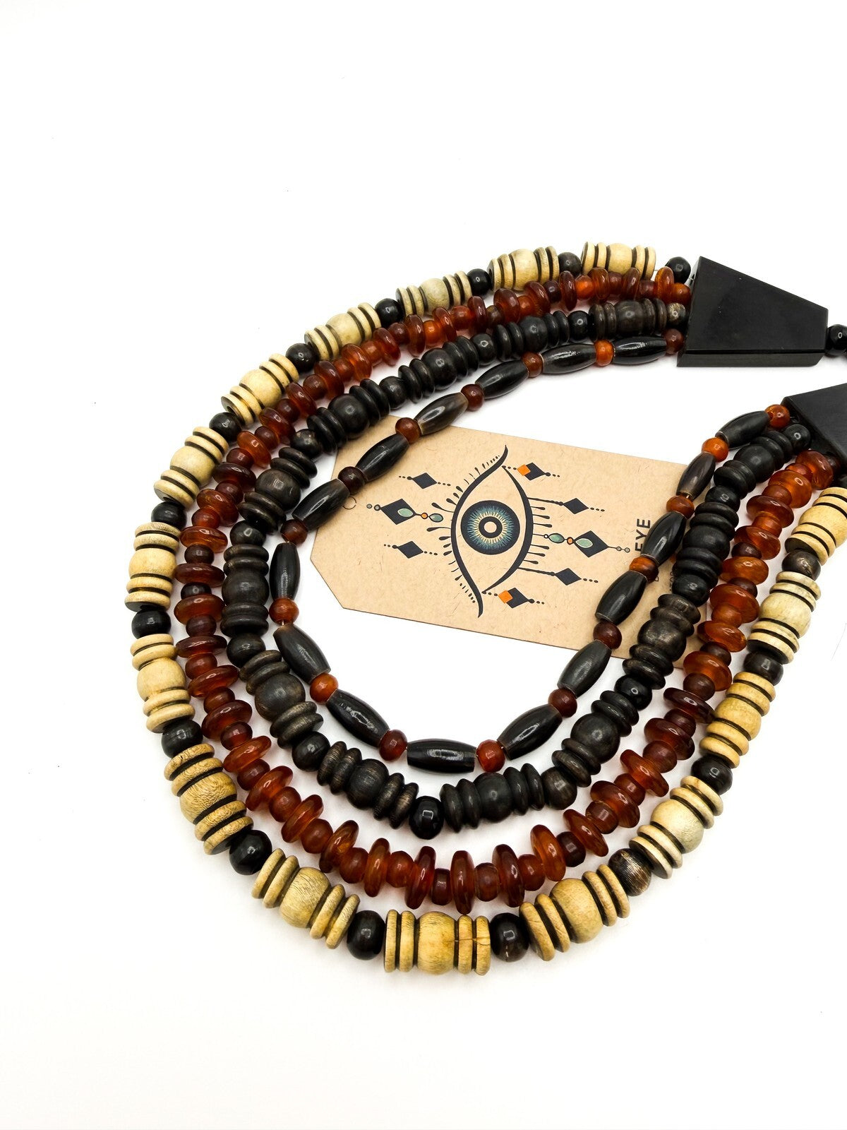 Multistrand Boho Amber & Wood Beaded Necklace Natural Tribal-Inspired Beach