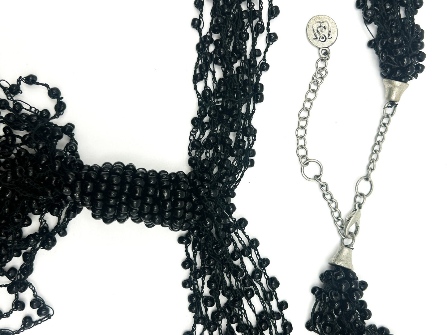 Black Multi Strand Beaded Tassel Necklace Statement Signed WS 25”