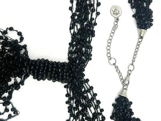 Black Multi Strand Beaded Tassel Necklace Statement Signed WS 25”