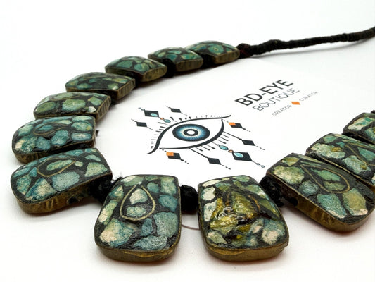 Vintage Indian Ferozi Turquoise Inlay Brass Bib Necklace