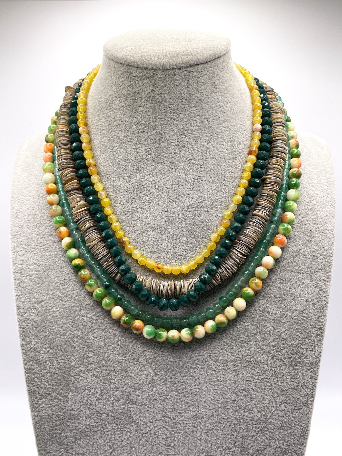 Five-Strand Layered Bead Necklace in Green, Yellow and Orange
