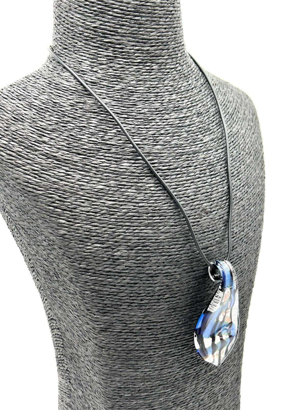 Murano Style Art Glass Pendant Necklace Blue, Silver & Black Abstract Design