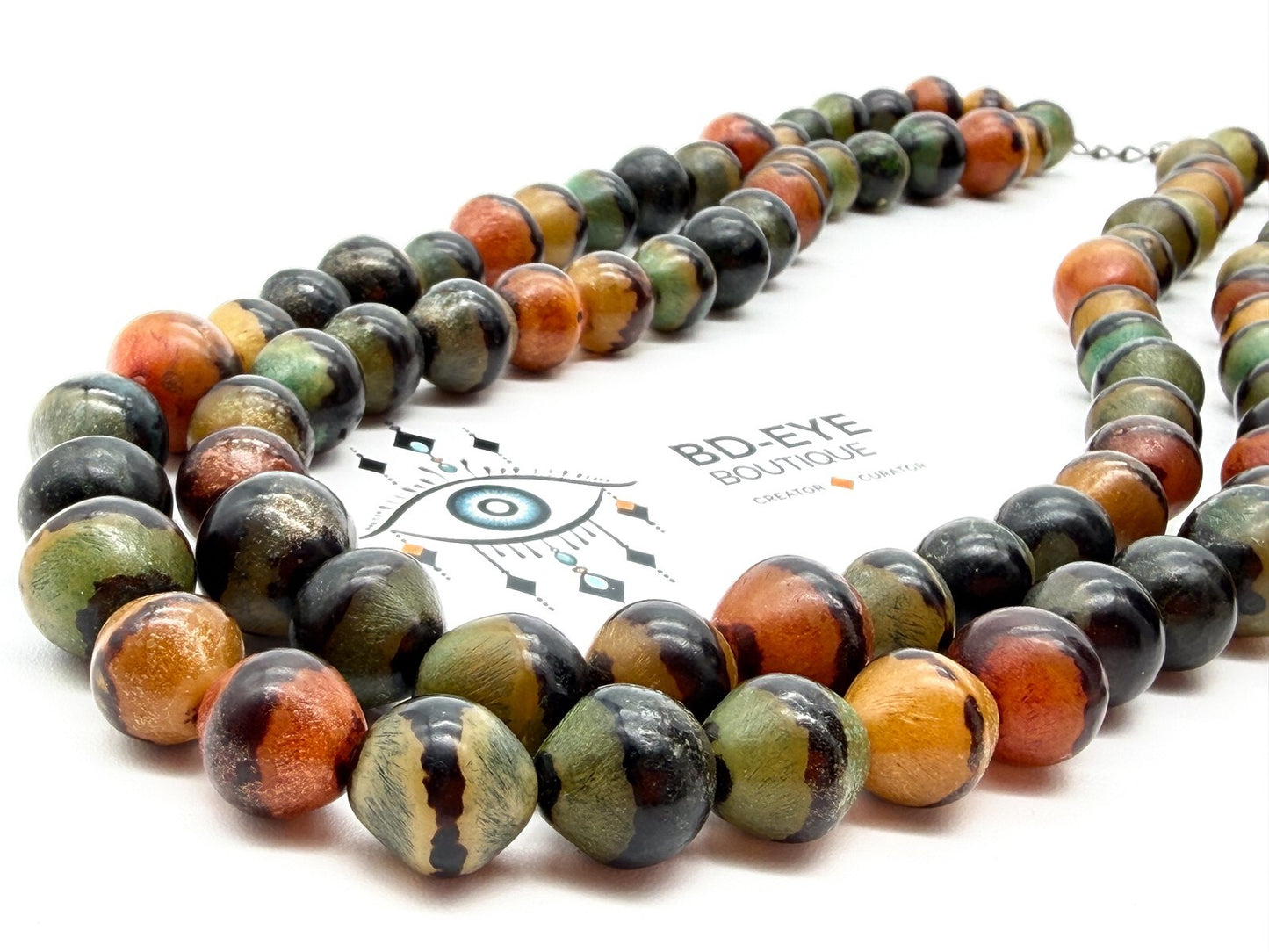 Vintage Double Strand Multicolour Acrylic Beaded Necklace Green Orange
