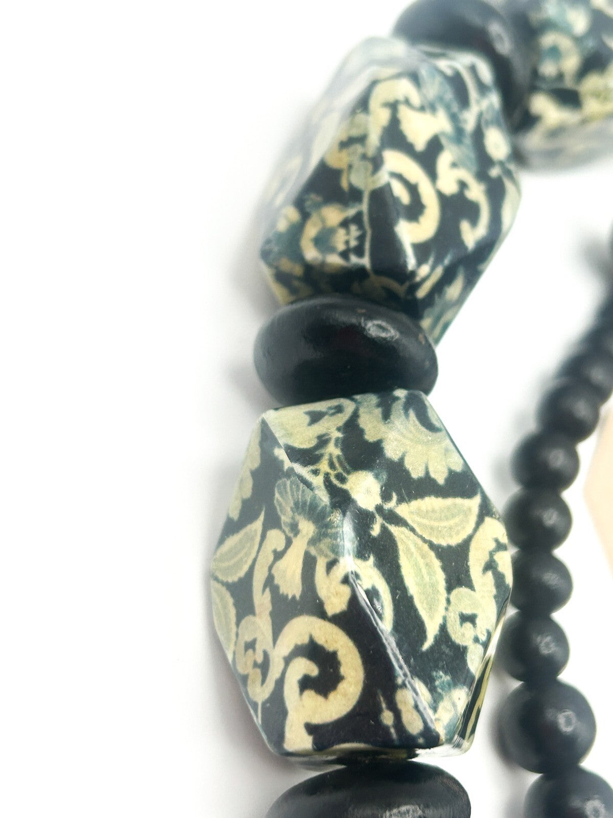 Chunky Black and Yellow-Green Floral Print Long Beaded Wood Necklace Flower