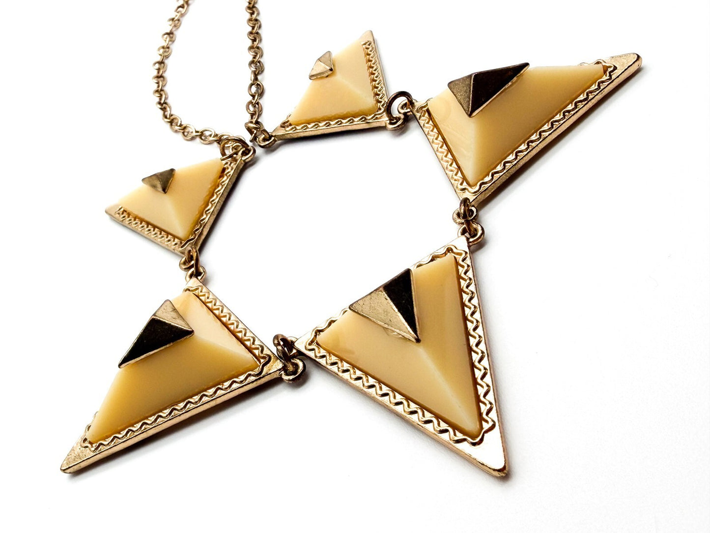 Geometric Pyramid Necklace Gold Cream Statement Modern Art Deco Style