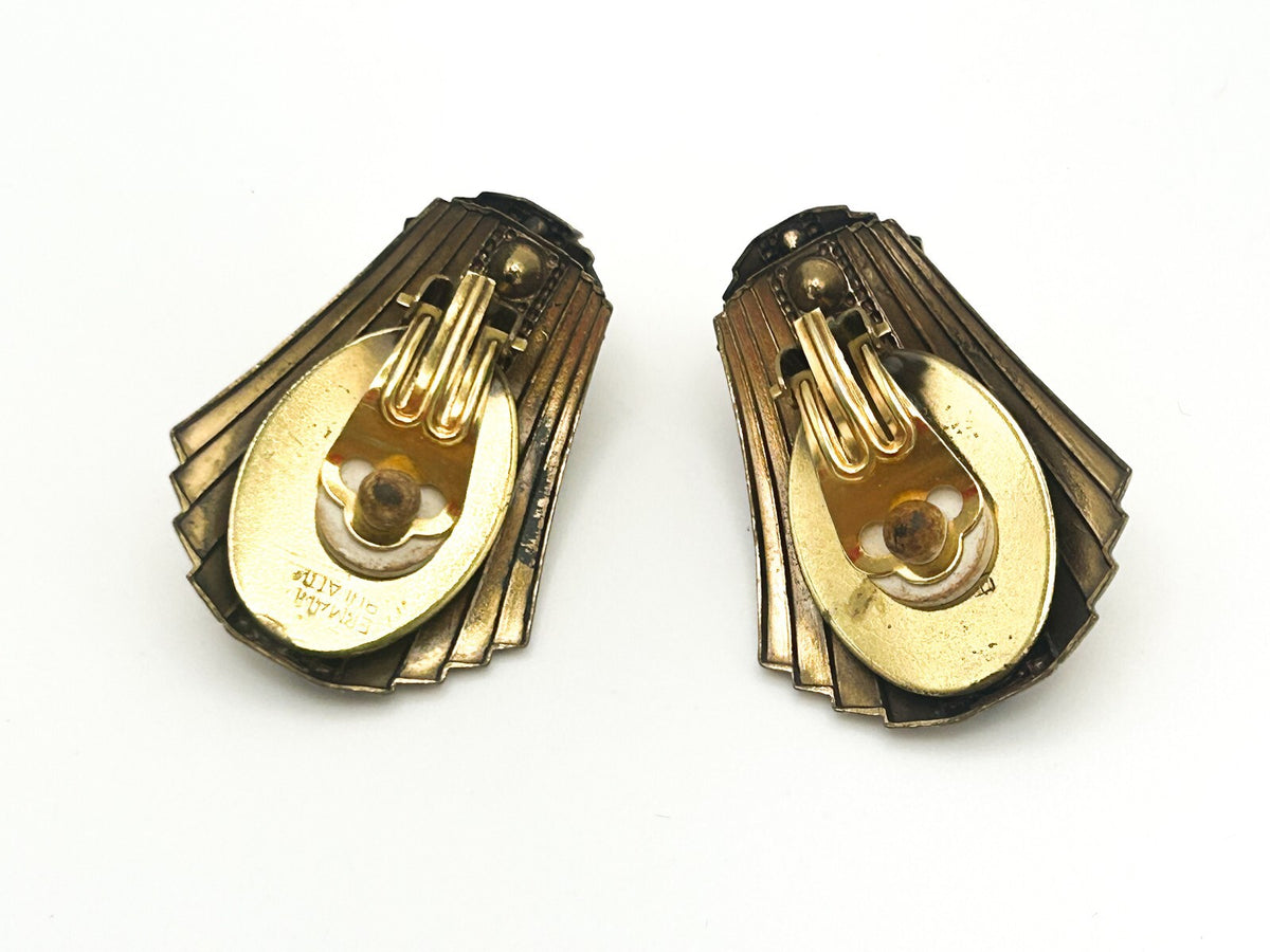 Signed ERMANI BULATTI Gold Tone Art Deco Style Fan Clip Earrings 1980s Vintage