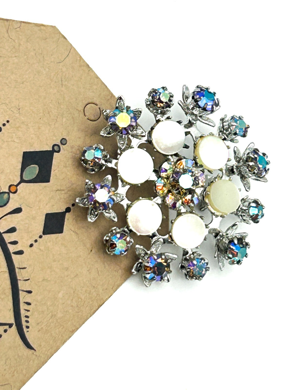 AB Rhinestone Cluster Brooch Mother of Pearl Silver Tone Pin