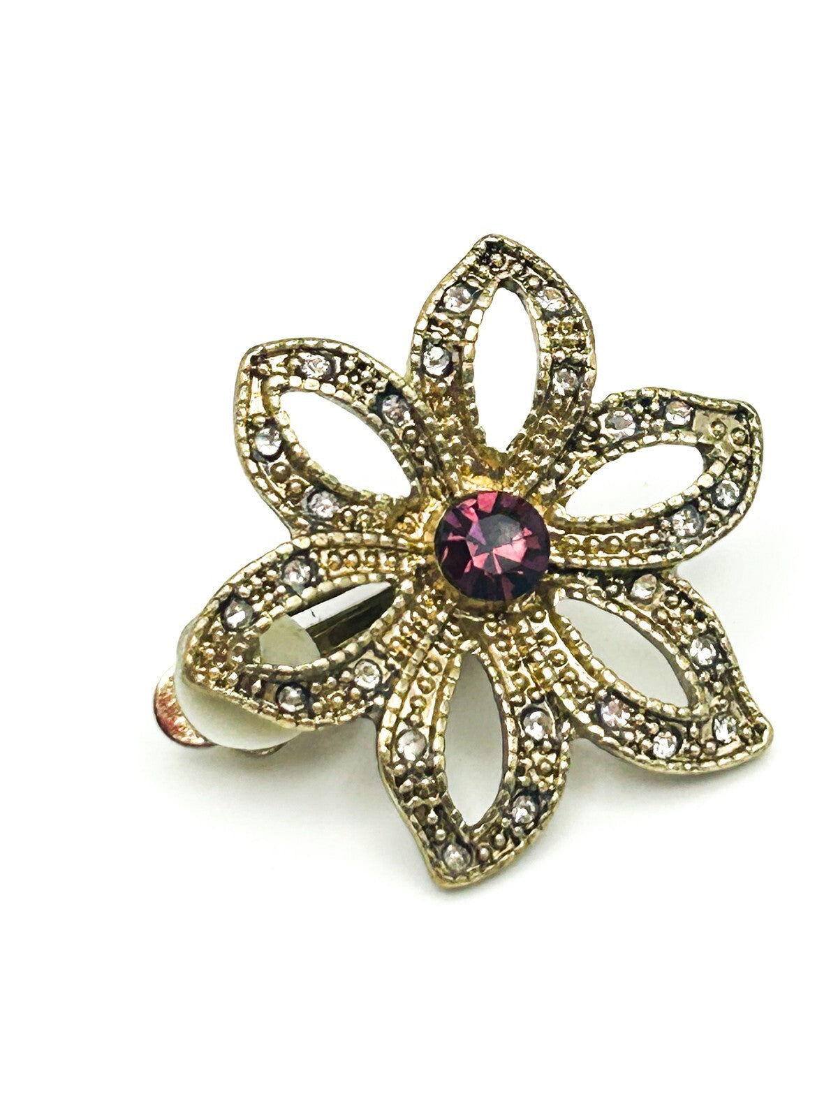 Vintage Gold Tone Flower Clip-On Earrings with Purple Pink Stone Centre