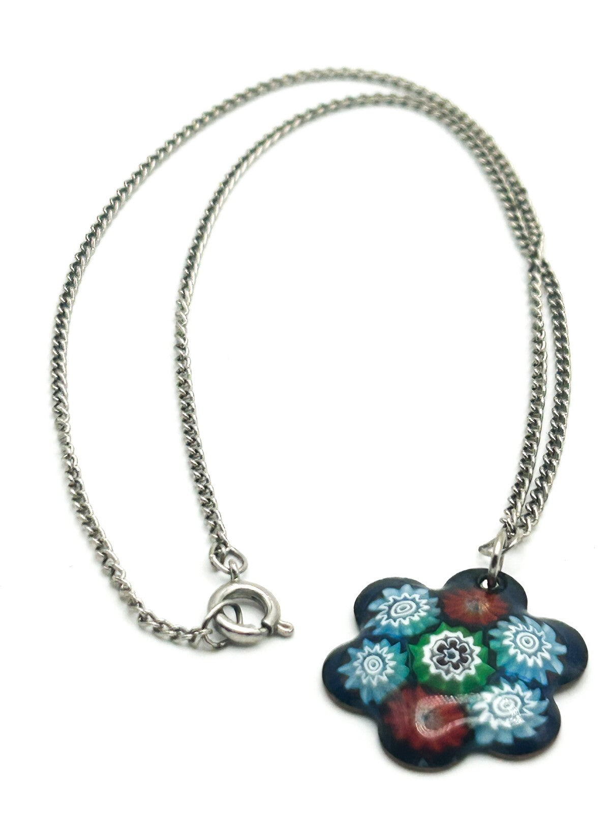 Vintage Floral Murano Glass Millefiori Flower Pendant Necklace - Spring Blue Red
