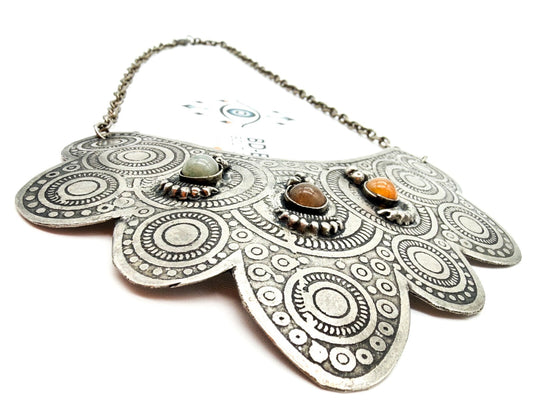 Silver Tone Ornate Ethnic Style Bib Necklace with Semi-Precious Agate Cabochons